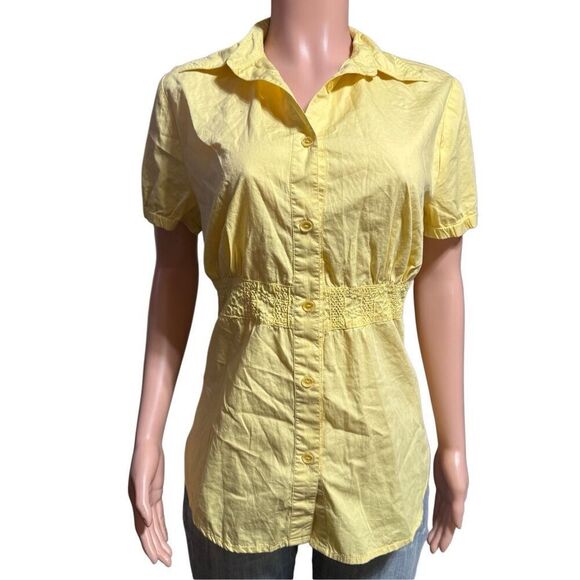 Pulp short sleeve embroidery waist patch yellow button up shirt M - Picture 1 of 7